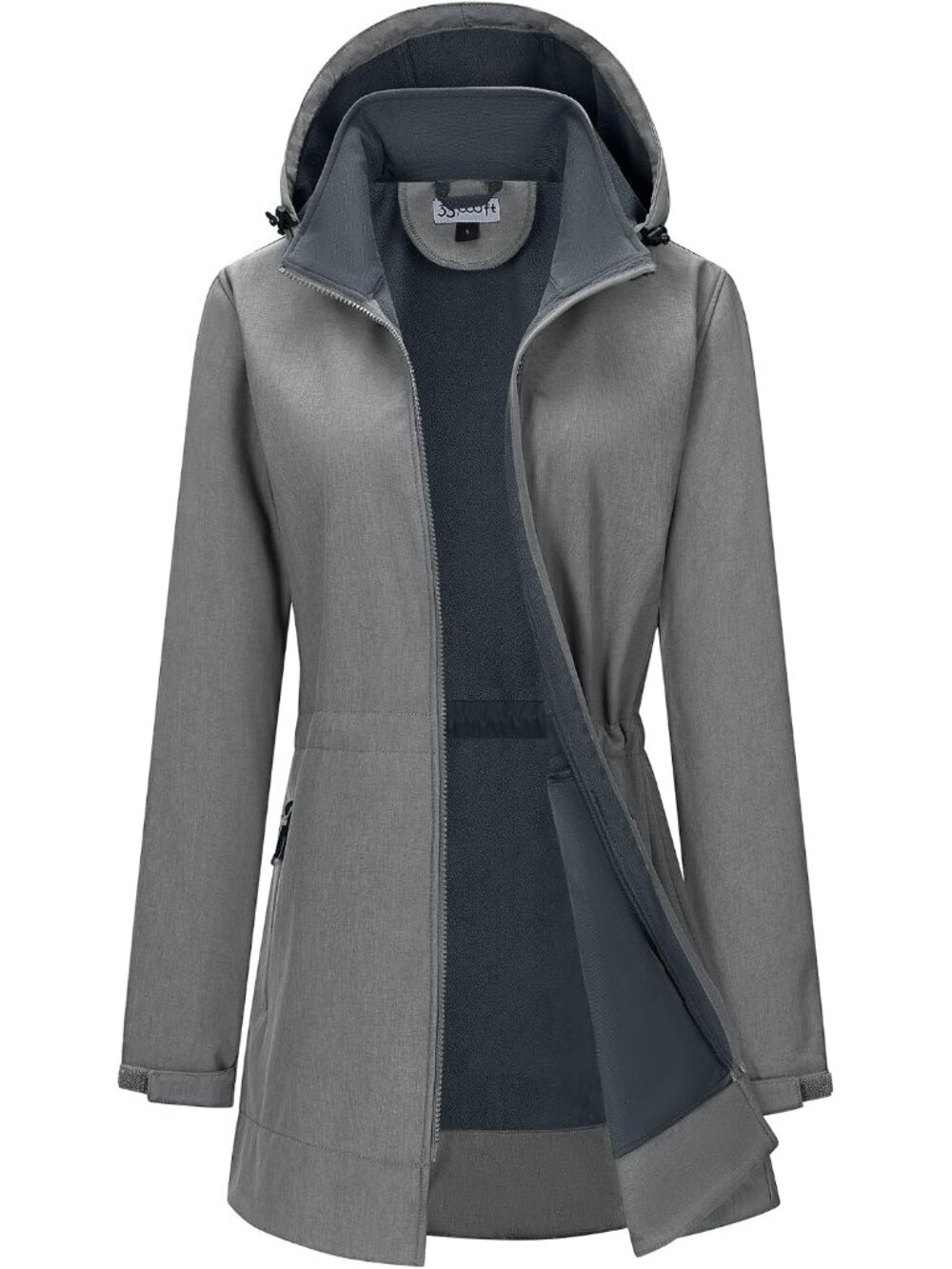 Women's Grey Hooded Fleece Lined Softshell Full Zip Long Waterproof Rain Jacket